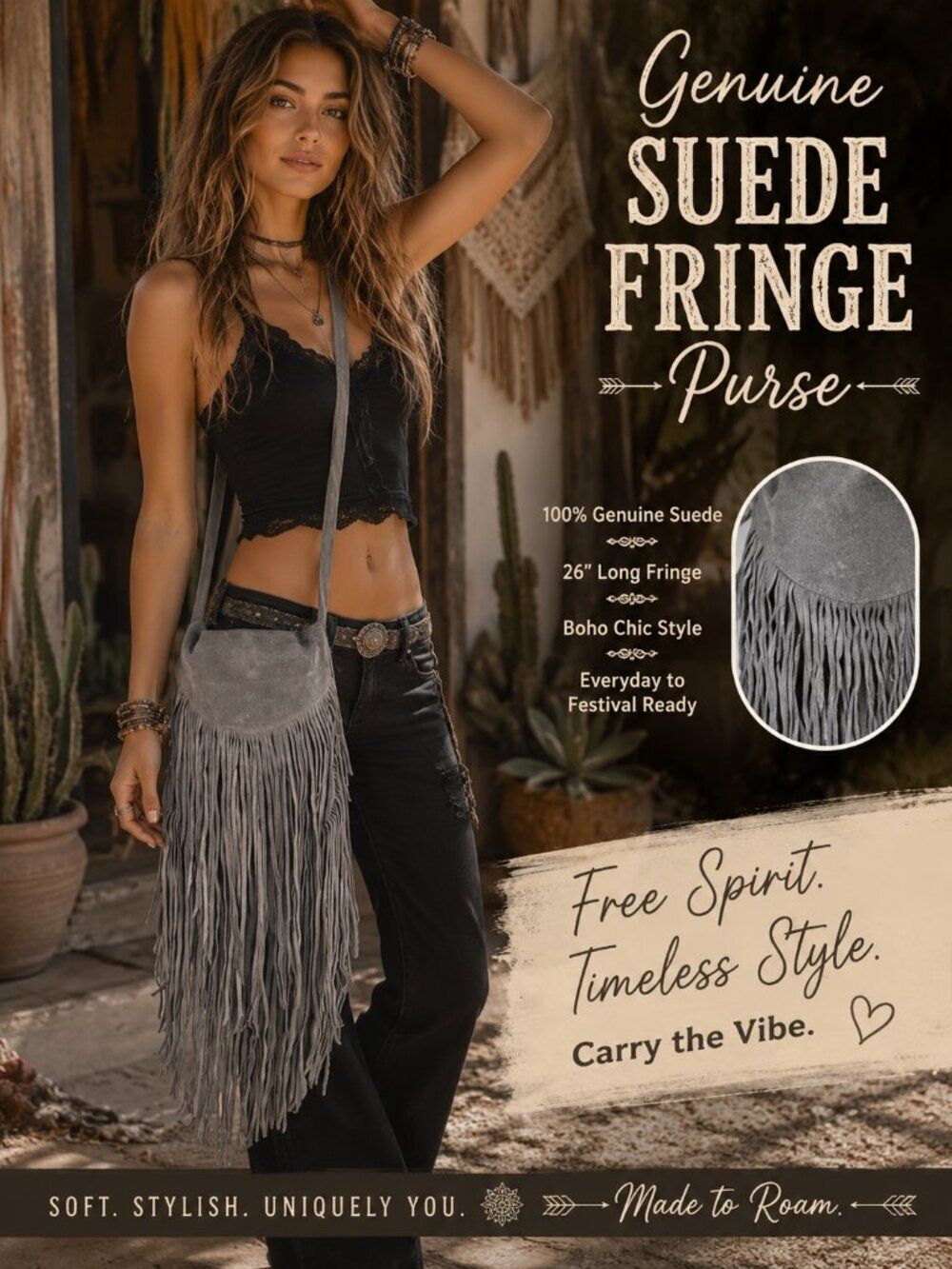 NWT New Gray Suede Leather Fringe Purse Bag Bohemian Boho Fair Trade from India
